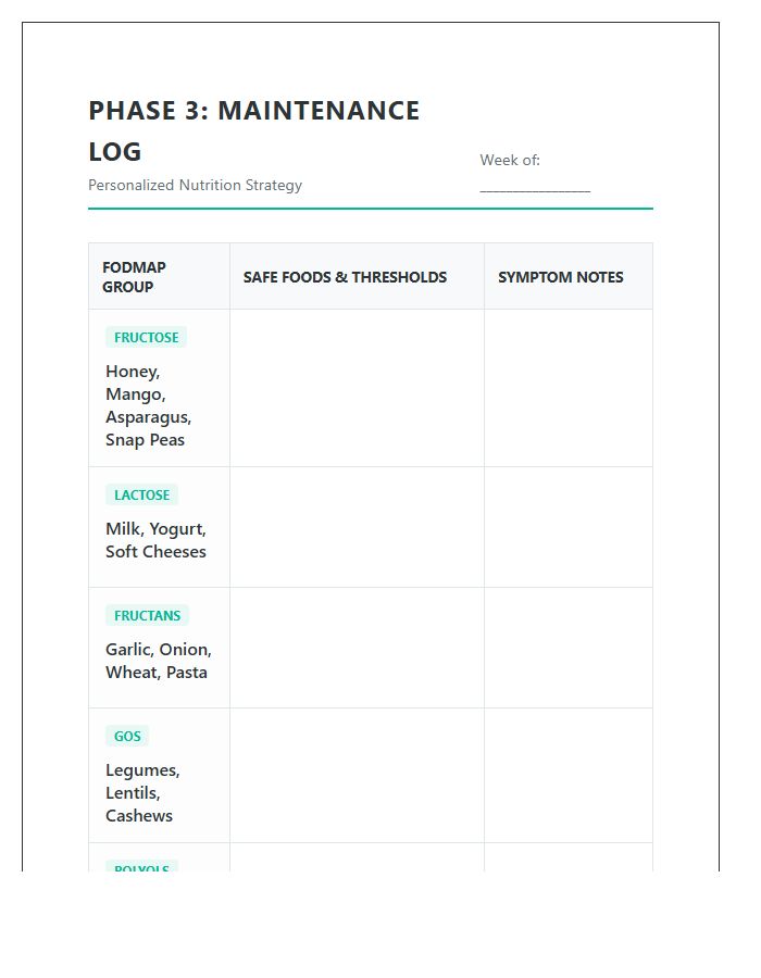 Printable Low Fodmap Diet Phase Three Maintenance Chart