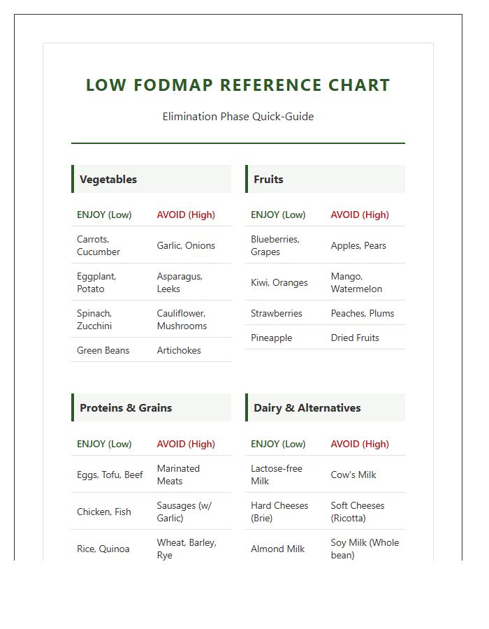 Printable Low Fodmap Elimination Phase Reference Chart