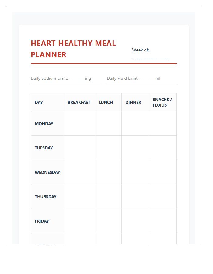 Cardiac Patient Meal Planning Printable Chart