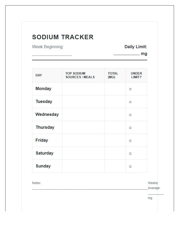 Daily Sodium Limit Tracker Printable Chart