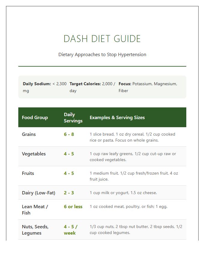 DASH Diet Nutrition Recommendations Printable Chart