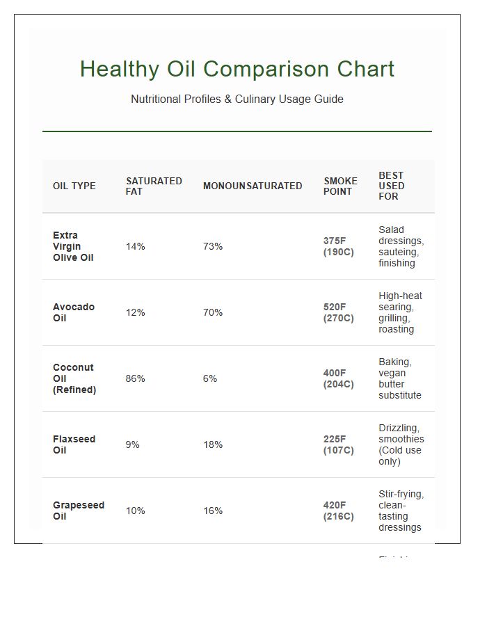 Healthy Oil Comparison Nutrition Printable Chart