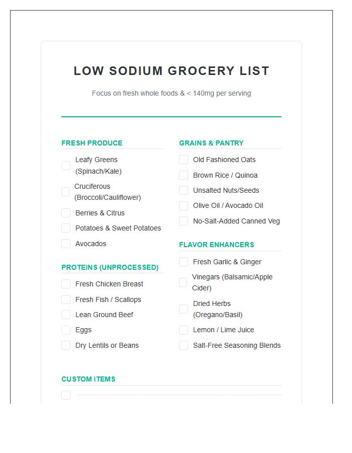 Low Sodium Grocery List Printable Chart