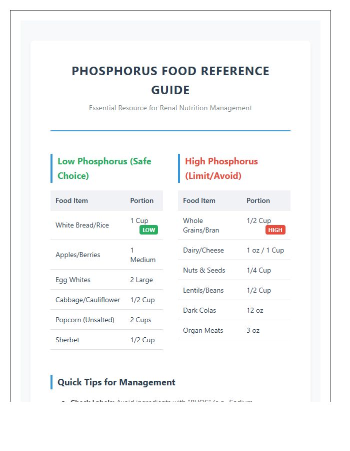 Comprehensive Phosphorus Food Chart Printable Resource
