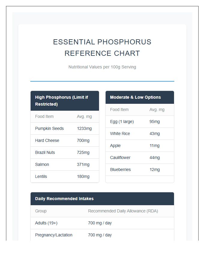 Essential Phosphorus Food Chart Printable Information