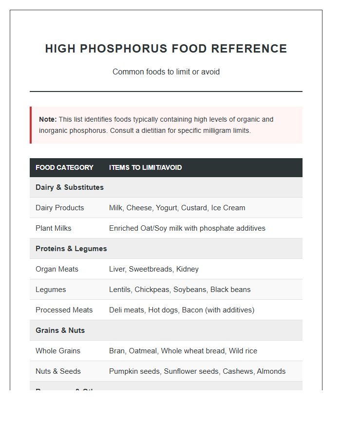 High Phosphorus Food Chart Printable List