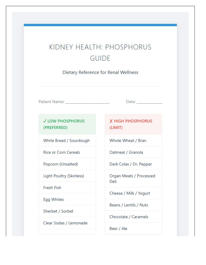Kidney Health Phosphorus Food Chart Printable Document