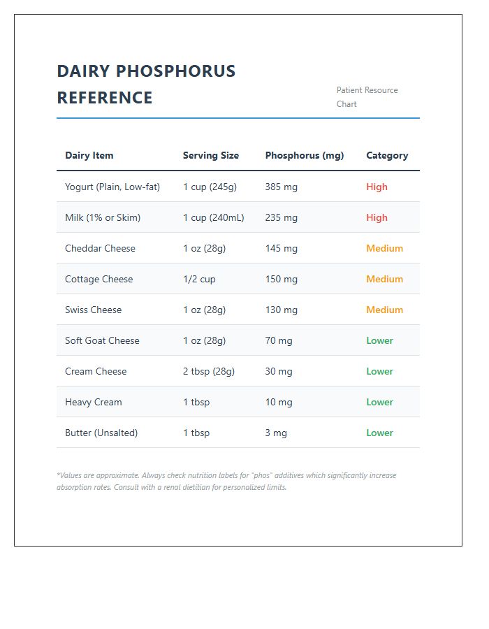 Printable Dairy Phosphorus Food Chart