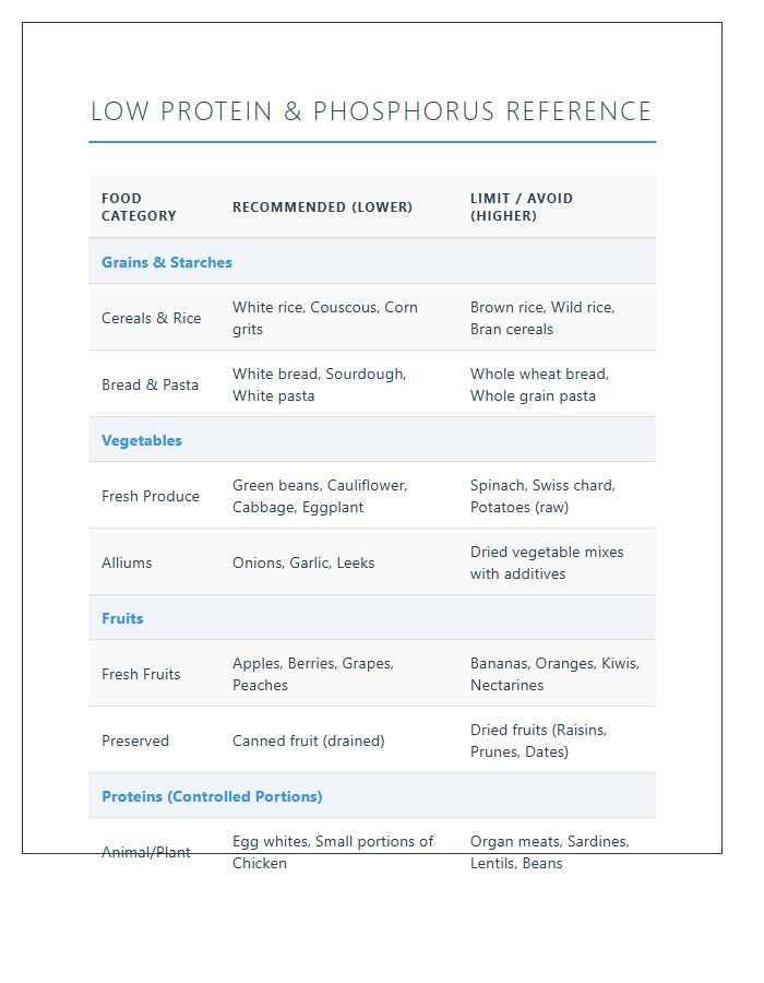 Printable Low Protein Phosphorus Food Chart