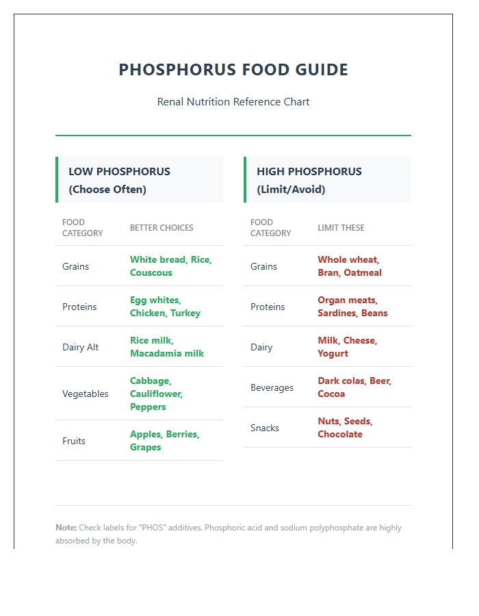 Printable Phosphorus Food Chart For Renal Nutrition