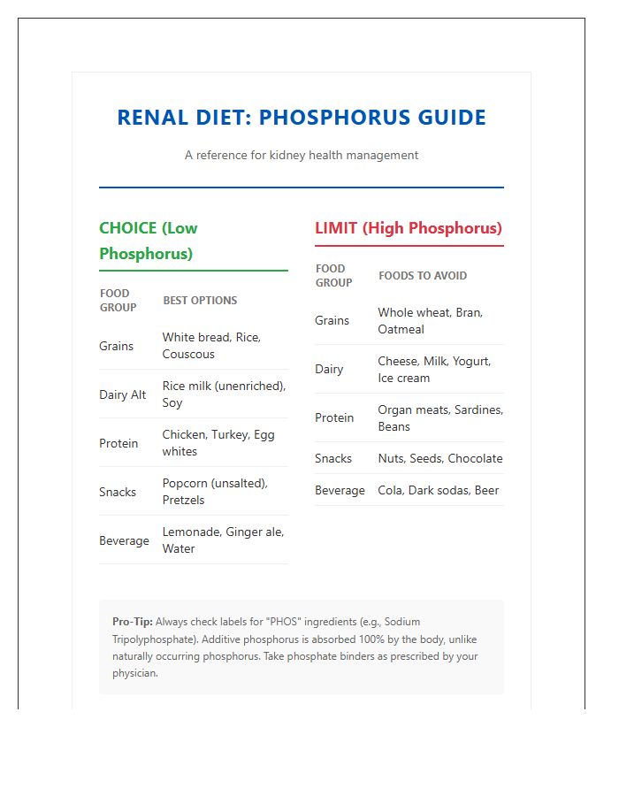 Printable Renal Diet Phosphorus Food Chart For Patients