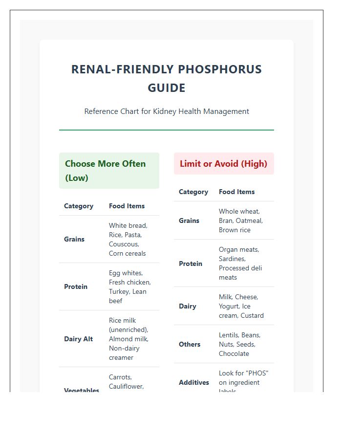 Printable Renal Friendly Phosphorus Food Chart