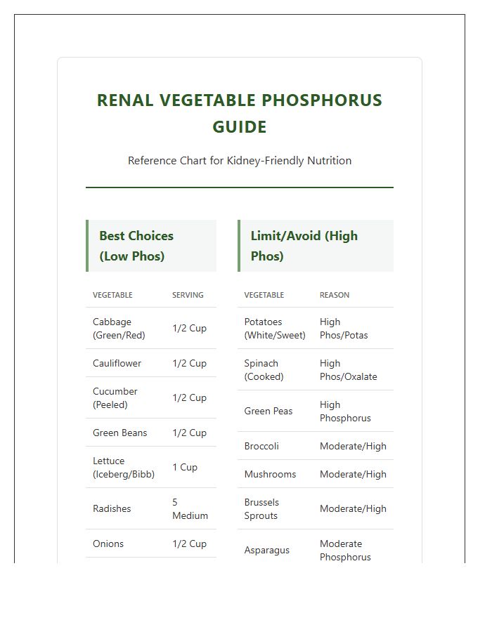 Renal Vegetable Phosphorus Food Chart Printable
