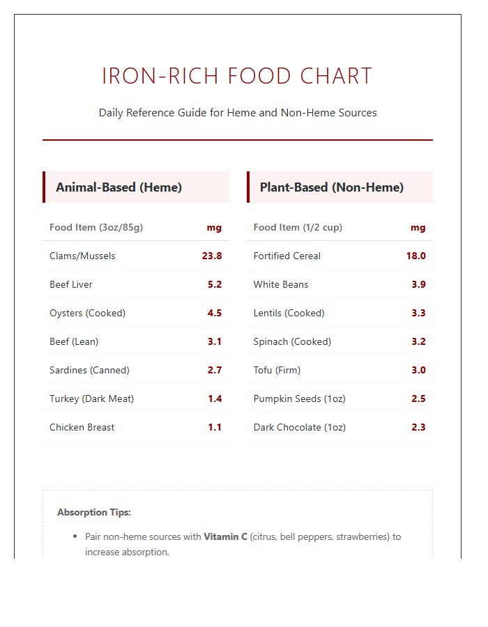 Comprehensive Iron Rich Food Sources Printable Chart