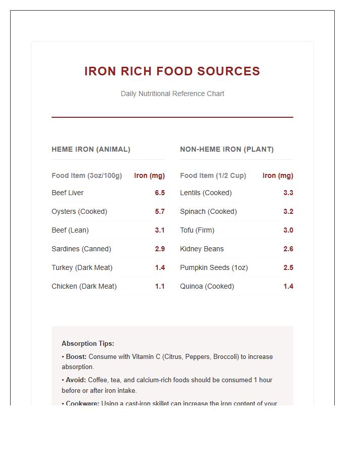 Daily Iron Rich Food Sources Printable Chart