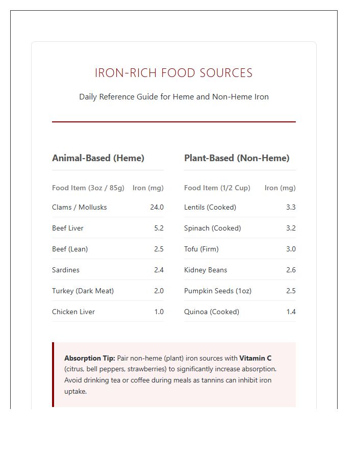 Dietary Iron Rich Food Sources Printable Chart