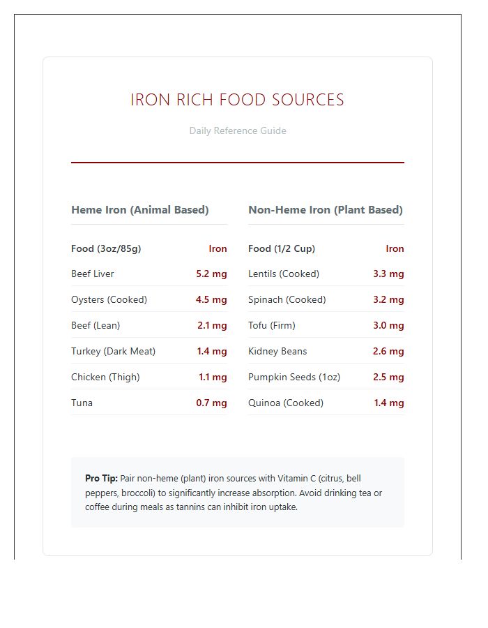 Essential Iron Rich Food Sources Printable Chart