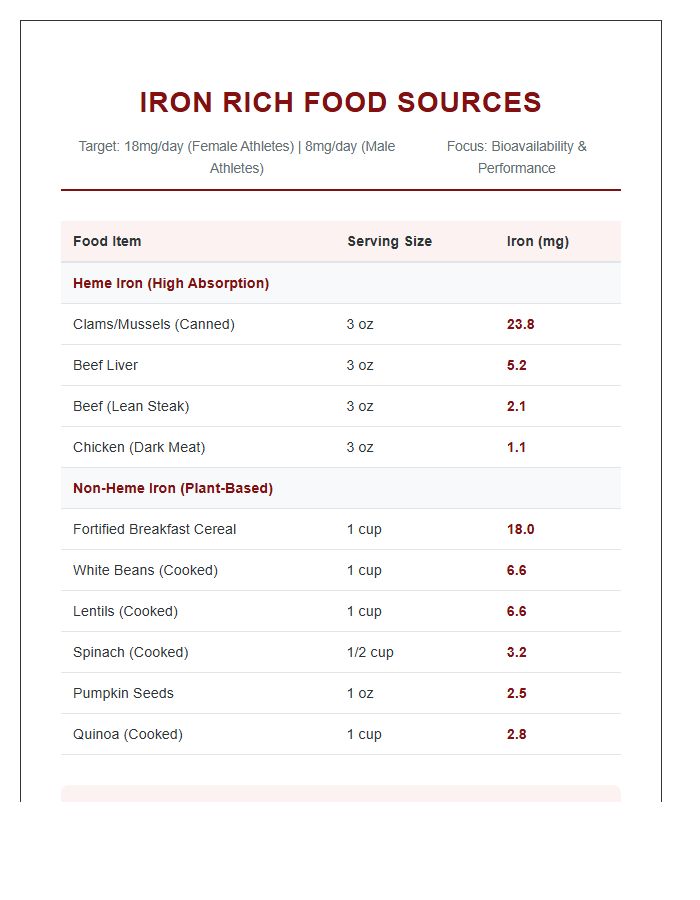 Iron Rich Food Sources Printable Chart For Athletes