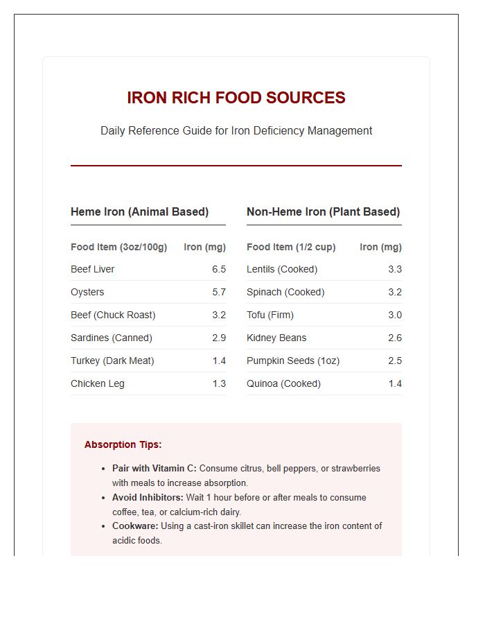 Iron Rich Food Sources Printable Chart For Iron Deficiency