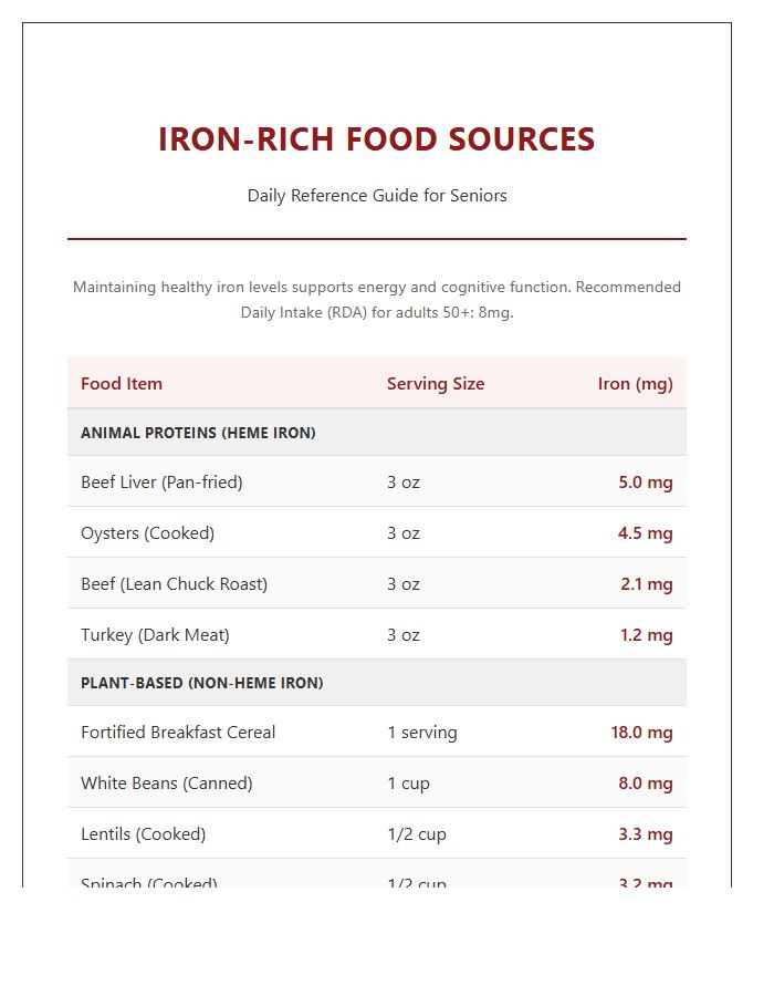 Iron Rich Food Sources Printable Chart For Seniors