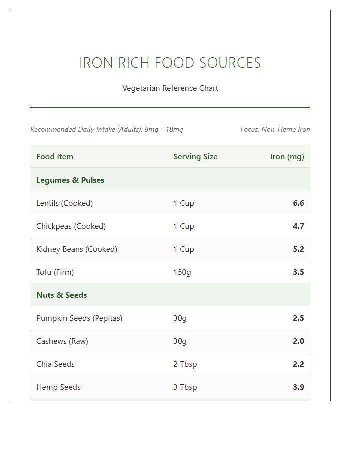 Iron Rich Food Sources Printable Chart For Vegetarians