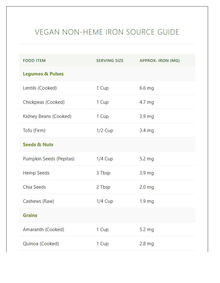 Non Heme Iron Rich Foods Printable Chart For Vegans
