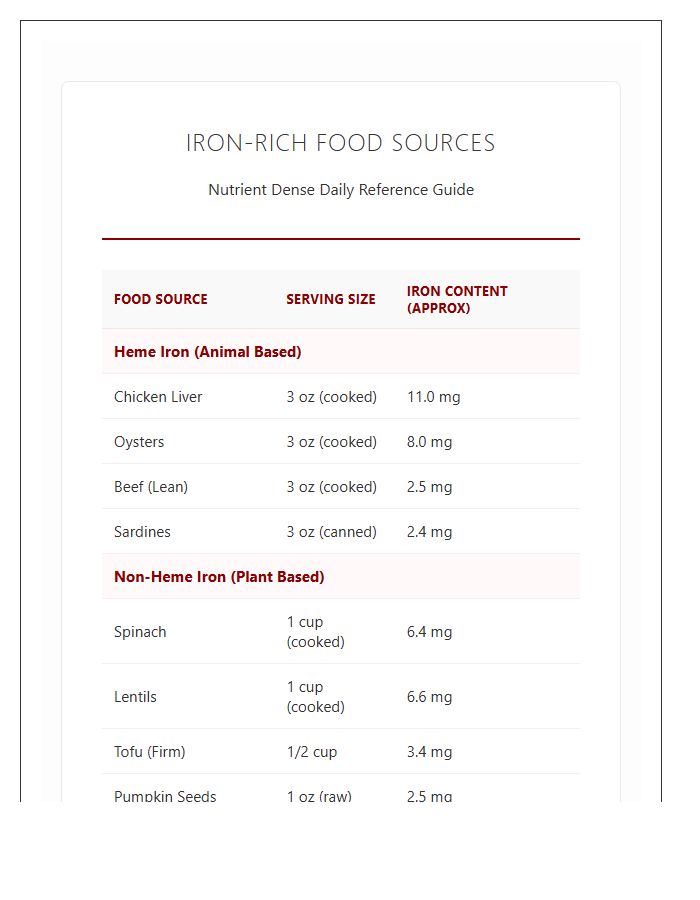 Nutrient Dense Iron Rich Food Sources Printable Chart