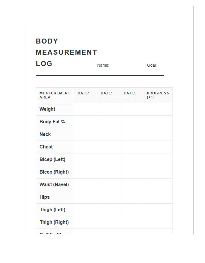 Body Measurement Tracking Sheet Printable Chart