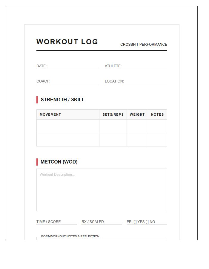 Crossfit Workout Result Tracking Printable Chart