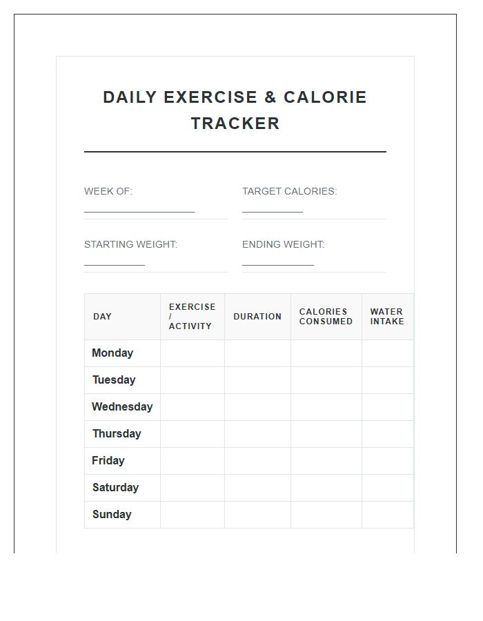 Daily Exercise And Calorie Intake Printable Chart