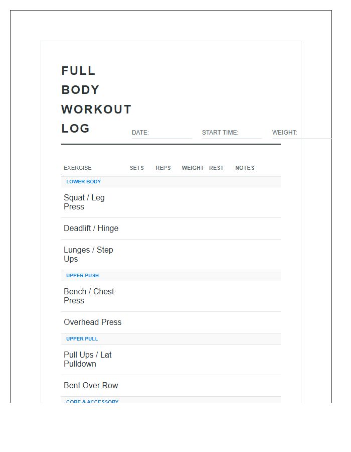Full Body Workout Log Sheet Printable Chart