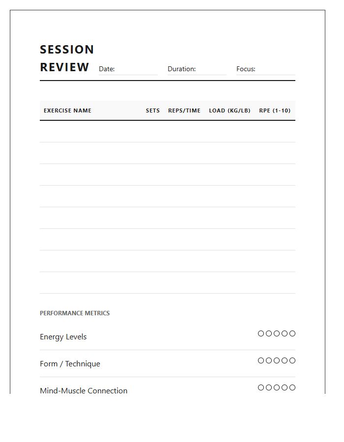 Gym Session Performance Review Printable Chart