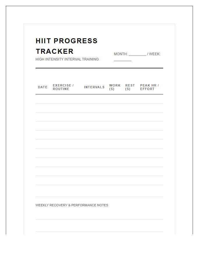 High Intensity Interval Training Progress Printable Chart