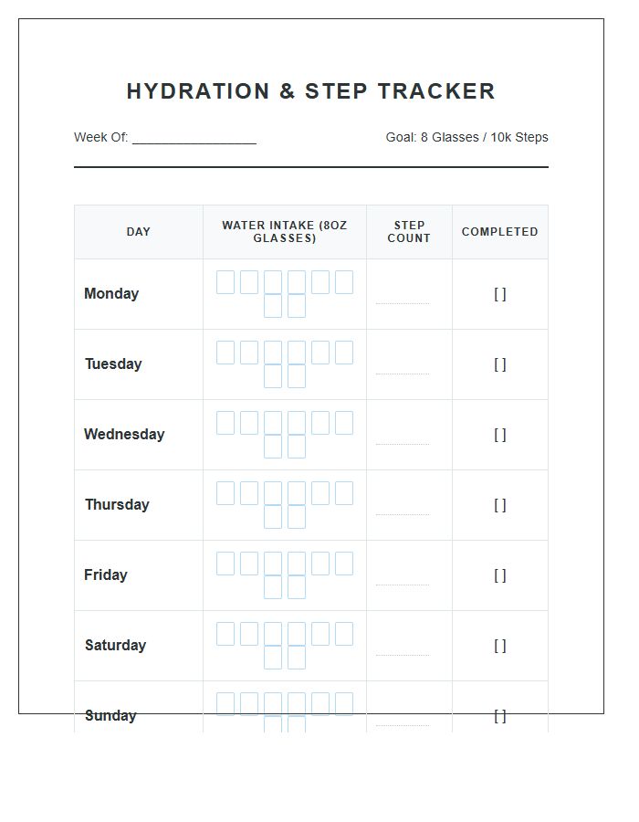 Hydration And Daily Step Count Printable Chart