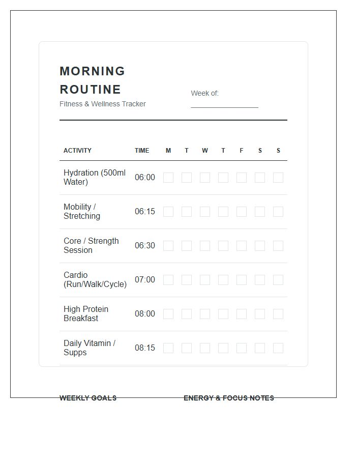 Morning Routine Fitness Habit Tracker Printable Chart