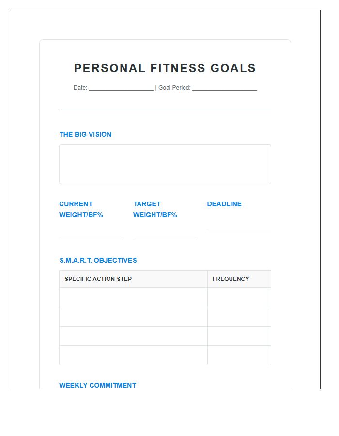 Personal Fitness Goal Setting Printable Chart