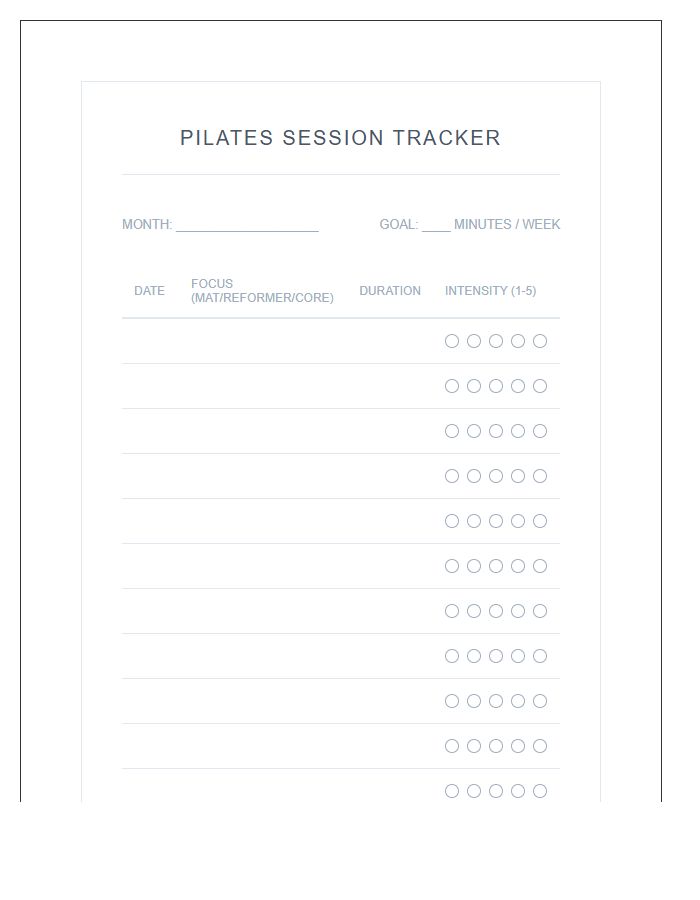 Pilates Session Duration Tracker Printable Chart