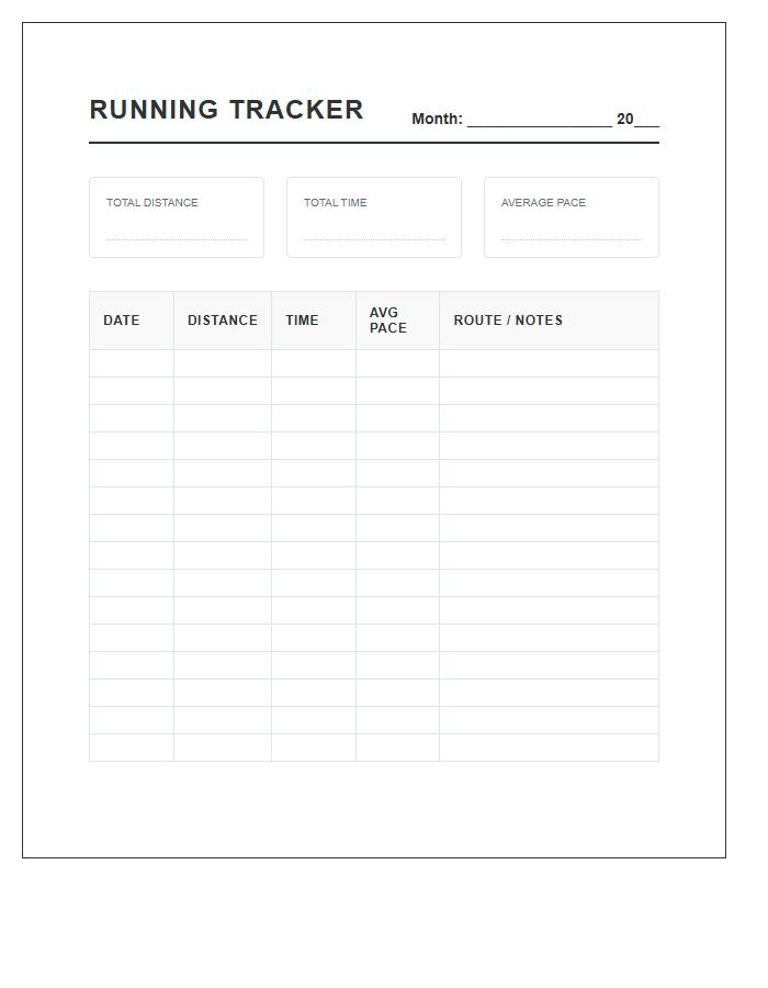 Running Distance And Pace Tracker Printable Chart