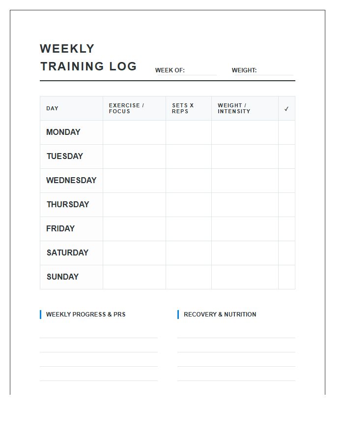 Weekly Workout Routine And Progress Printable Chart