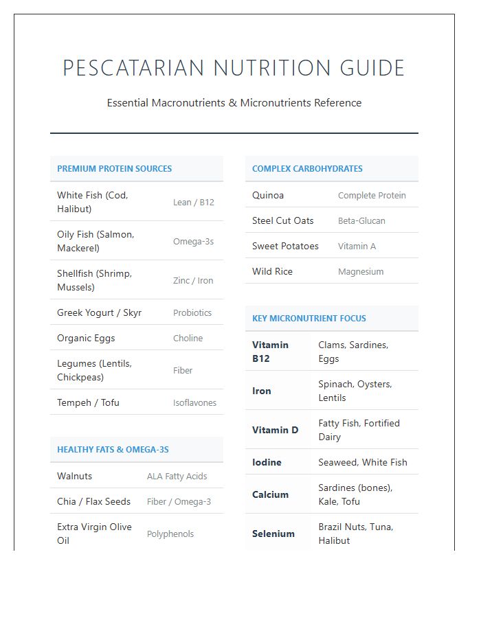 Comprehensive Printable Pescatarian Nutrition Reference Chart