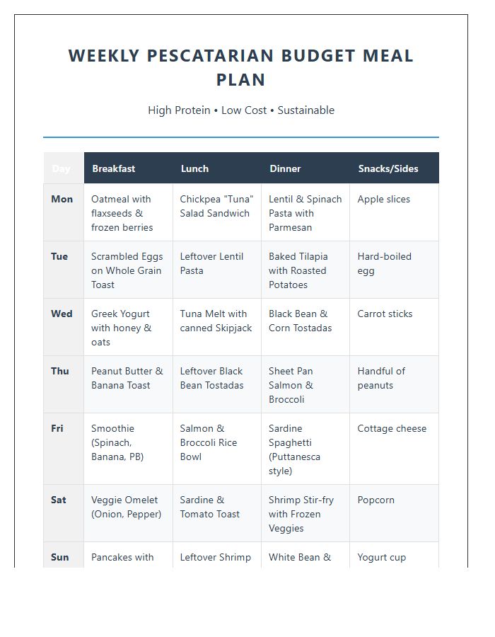 Functional Printable Pescatarian Budget Meal Chart