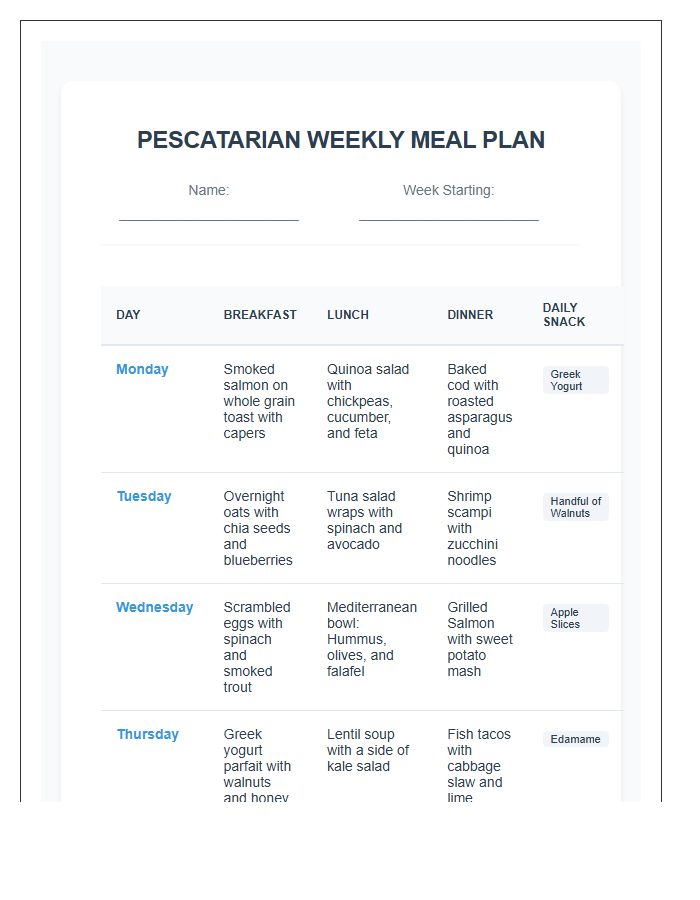 Healthy Printable Pescatarian Diet Schedule Chart