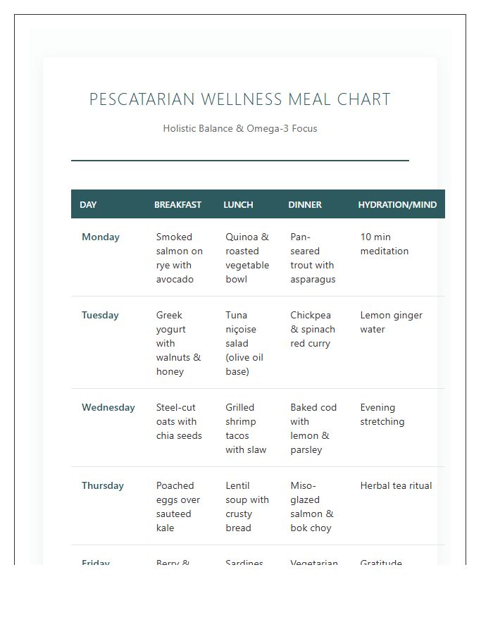 Holistic Printable Pescatarian Wellness Meal Chart