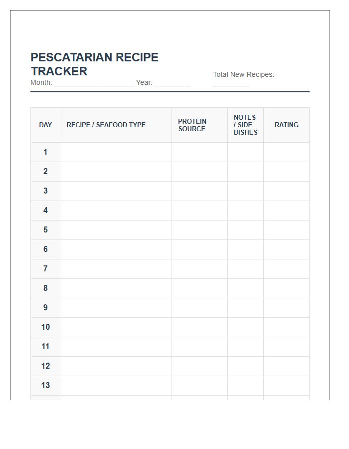 Monthly Printable Pescatarian Recipe Tracking Chart