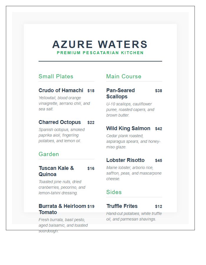 Professional Printable Pescatarian Menu Layout Chart
