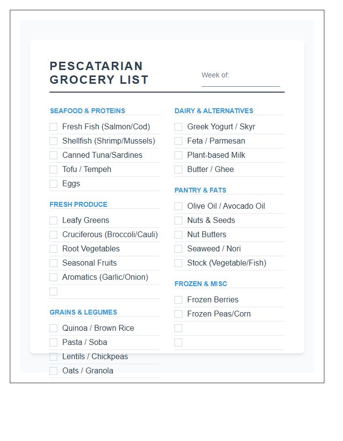 Standard Printable Pescatarian Grocery List Planning Chart