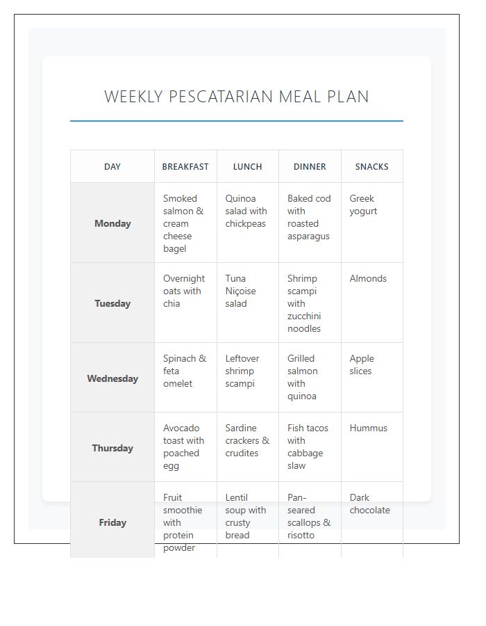 Weekly Printable Pescatarian Meal Planning Guide Chart