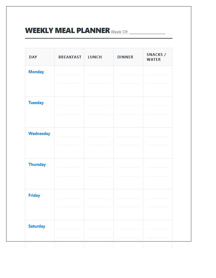Comprehensive Daily Meal Planning Printable Chart