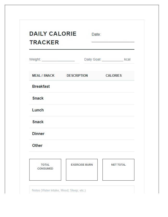 Daily Calorie Counter Printable Chart For Weight Loss