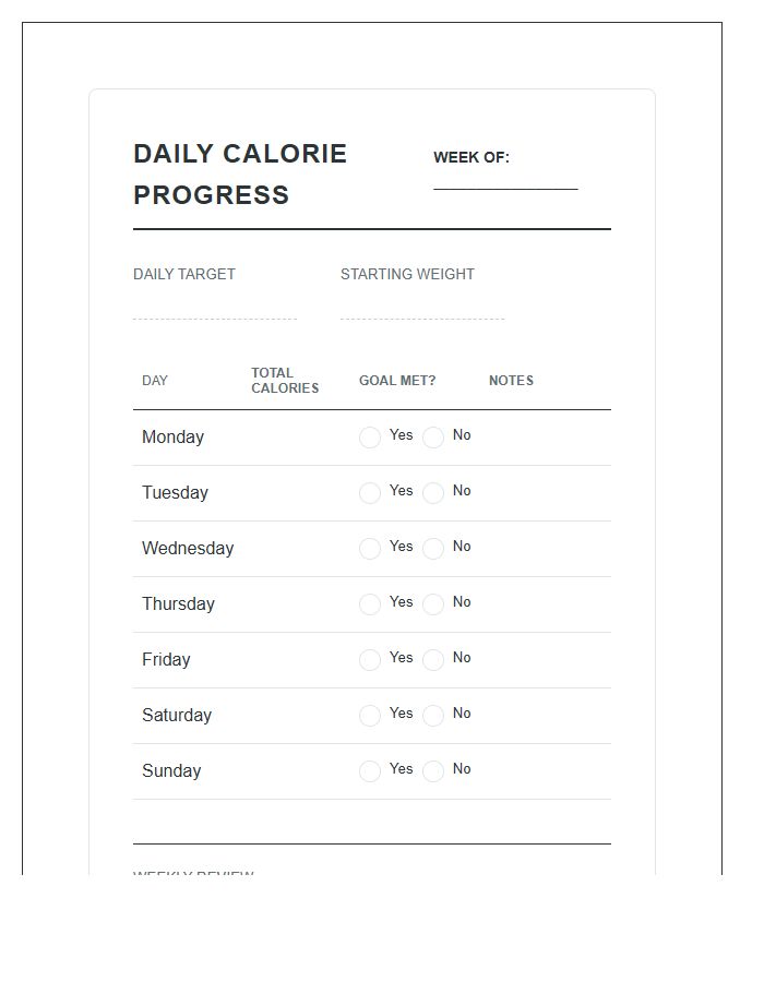 Daily Calorie Goal Progress Printable Chart